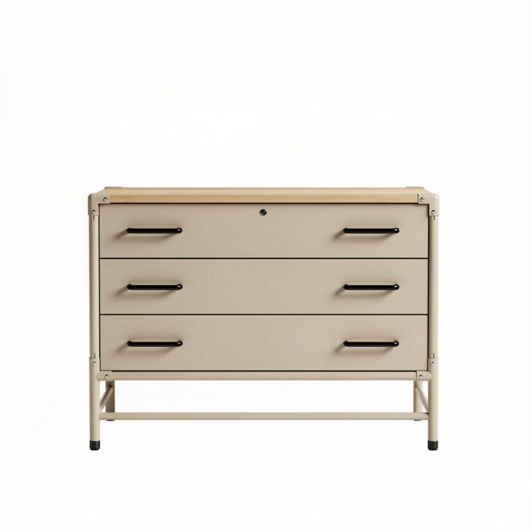 Kast met drie lades van staal en hout afmetingen 70 x 40 x 80cm beige