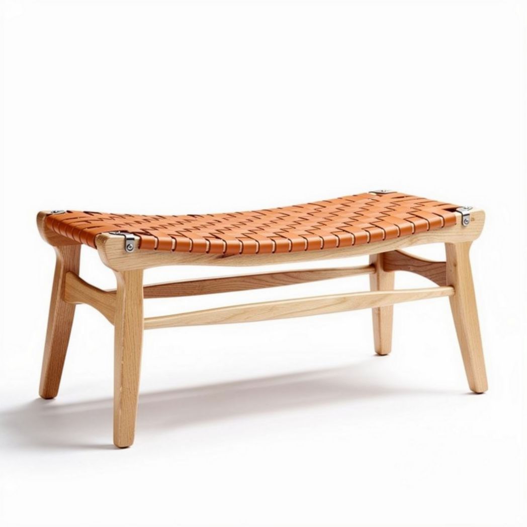 Houten bankje met leren zitting voor interieur gebruik 60 x 30 x 30cm