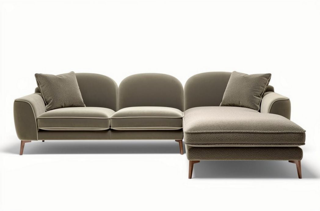 L-vormige bank in olijfgroen stof met bijpassend chaise longue 240 x 100 x 85cm