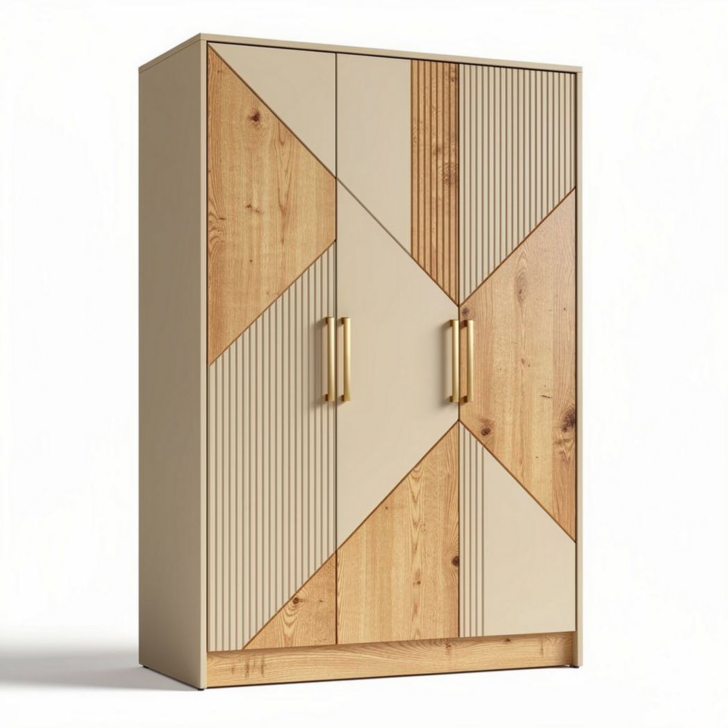 Houten kledingkast met geometrisch ontwerp in beige en houtkleur 80 x 40 x 120cm