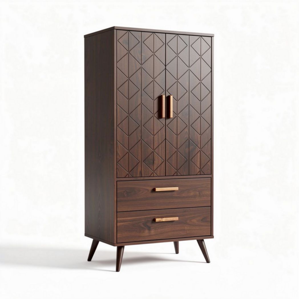 Houten kast met geometrische patronen en twee lades 80 x 40 x 180cm