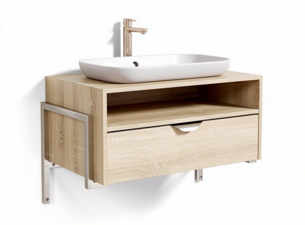 Wandmeubel met wastafel 60 x 45 x 15 cm in hout en wit keramiek