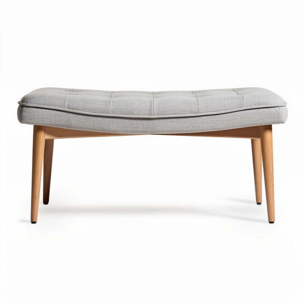 Houten bank met grijze stoffen bekleding 120 x 60 x 45cm