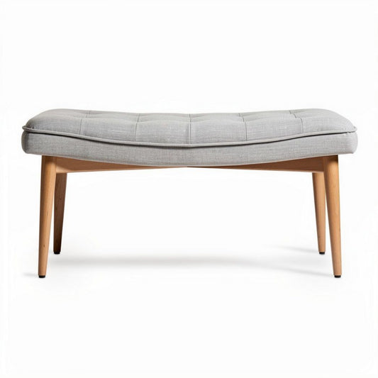 Houten bank met grijze stoffen bekleding 120 x 60 x 45cm
