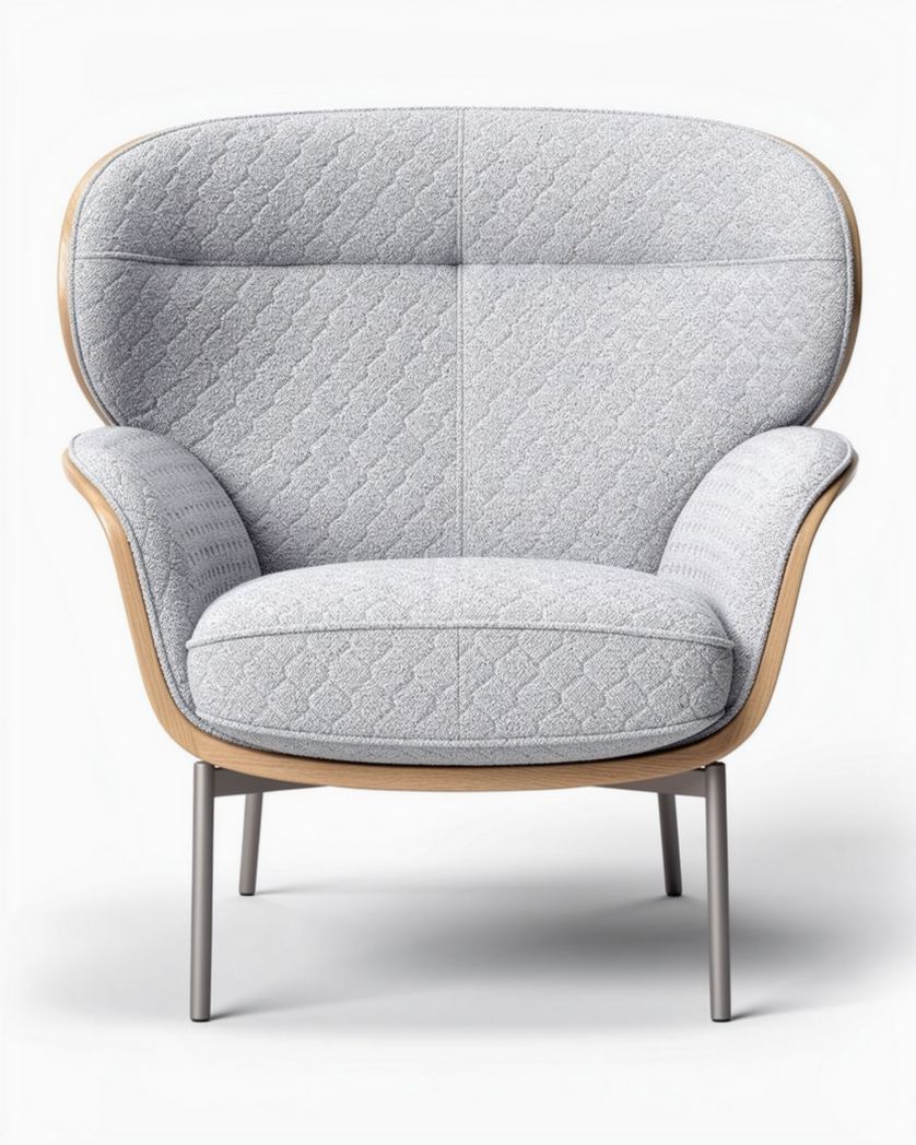 Grijze fauteuil met houten armleuningen en metalen onderstel 75 x 85 x 90cm