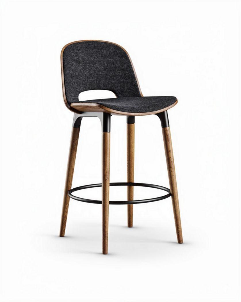 Barkruk met stoffen zitting en houten poten hoogte 100cm zwart/bruin