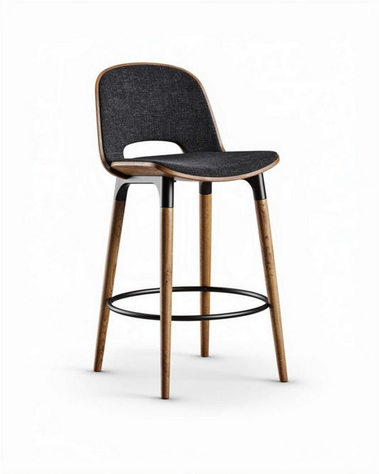 Barkruk met stoffen zitting en houten poten hoogte 100cm zwart/bruin