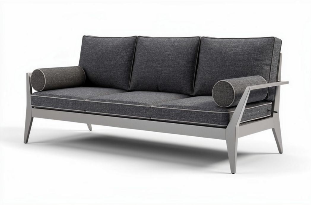 Hout en stof bank in antraciet met kussens en armsteunen 200 x 80 x 85cm